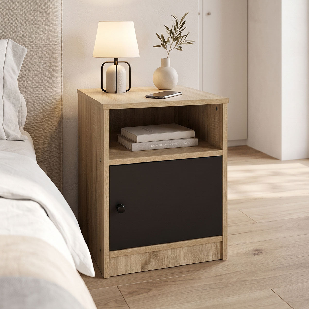 Κομοδίνο Lenea  sonoma-ανθρακί 40x40x50εκ - Pakobazaar