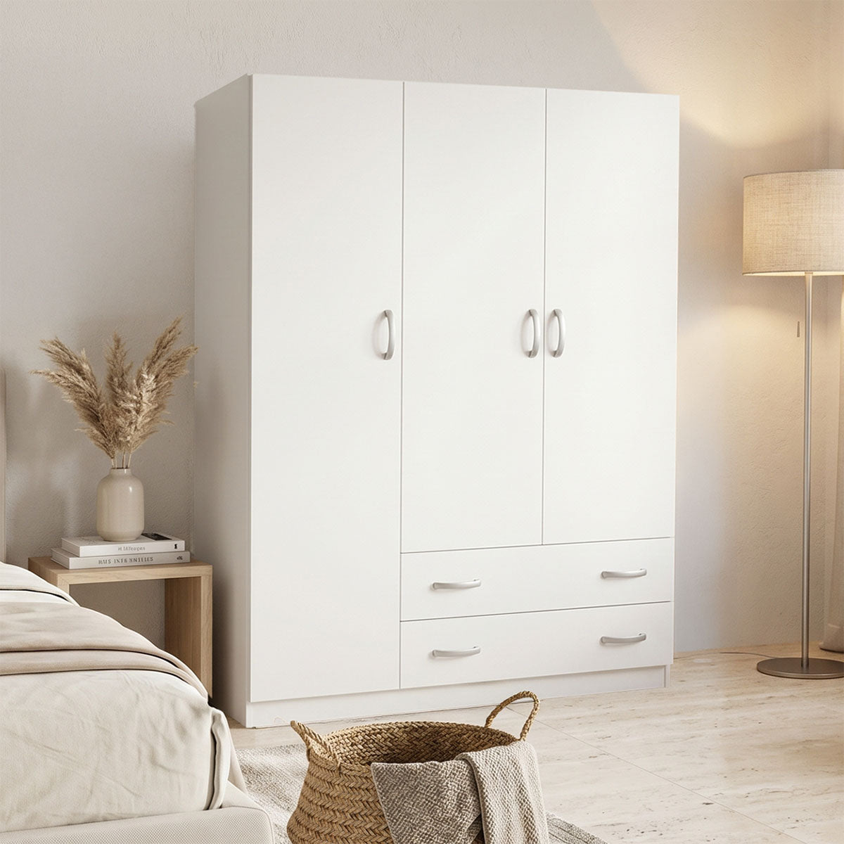 Ντουλάπα τρίφυλλη με 2 συρτάρια Alvia  λευκή 150x51x180εκ - Pakobazaar