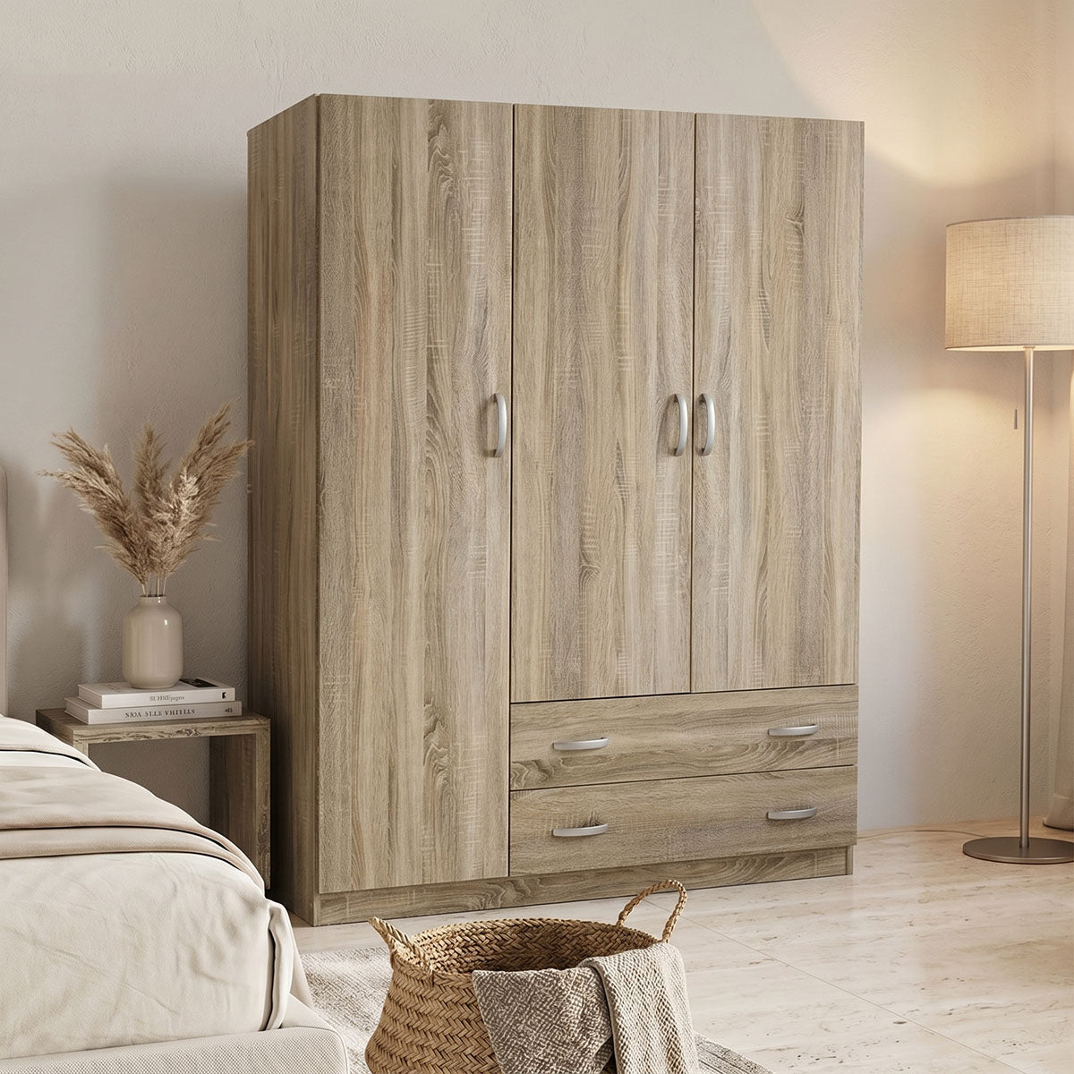 Ντουλάπα τρίφυλλη με 2 συρτάρια Alvia  sonoma 150x51x180εκ - Pakobazaar