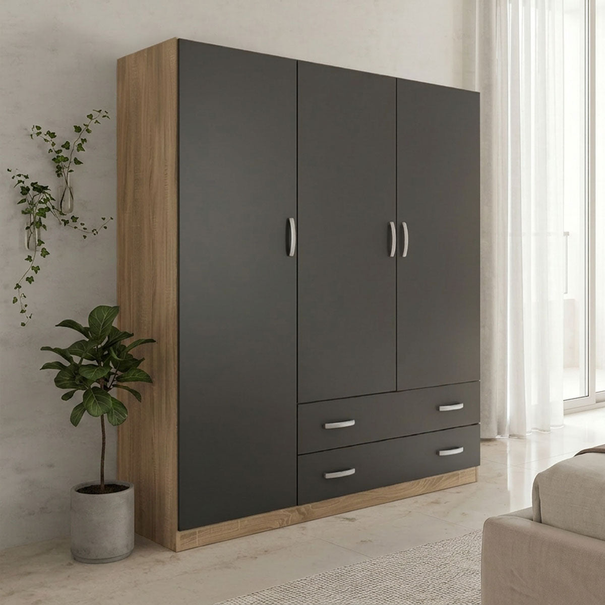 Ντουλάπα τρίφυλλη με 2 συρτάρια Alvia  sonoma-ανθρακί 150x51x180εκ - Pakobazaar