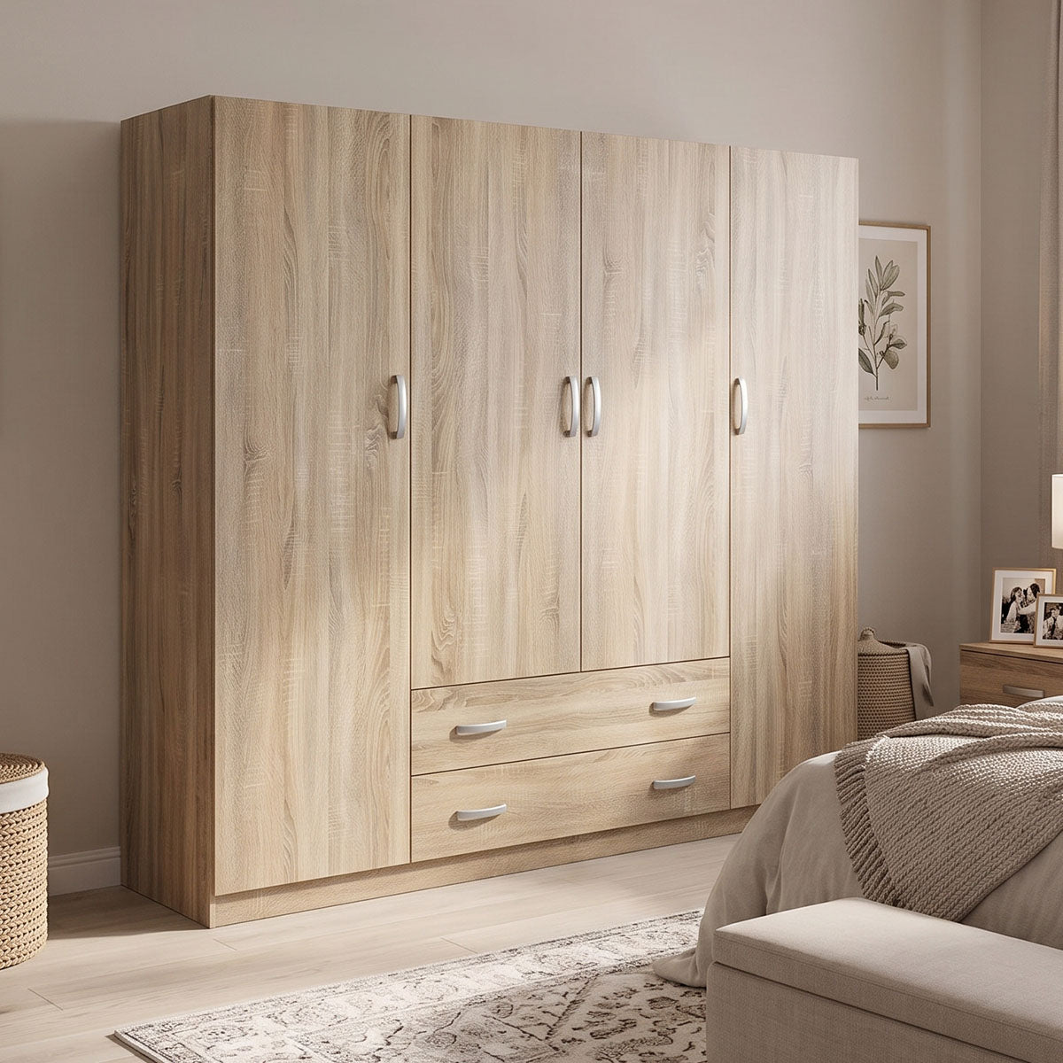 Ντουλάπα τετράφυλλη με 2 συρτάρια Alvia  sonoma 200x51x180εκ - Pakobazaar