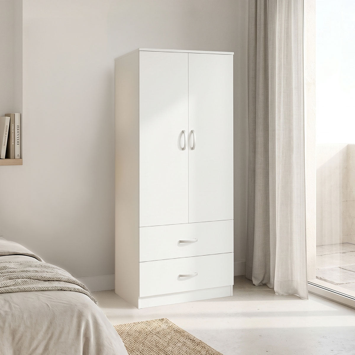 Ντουλάπα δίφυλλη με 2 συρτάρια Alvia  λευκή 80x51.5x180εκ - Pakobazaar