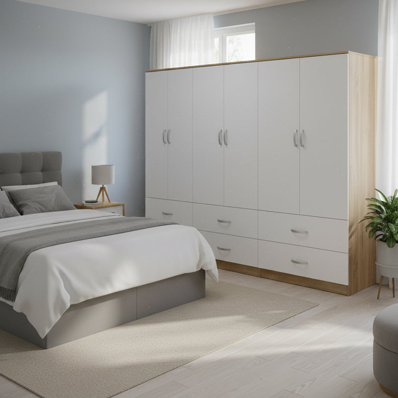 Ντουλάπα εξάφυλλη με συρτάρια Athos  sonoma-λευκό  240x42x180εκ