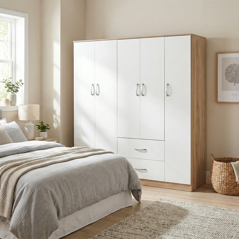 Ντουλάπα πεντάφυλλη Athos I  sonoma-λευκό 170x42x180εκ - Pakobazaar