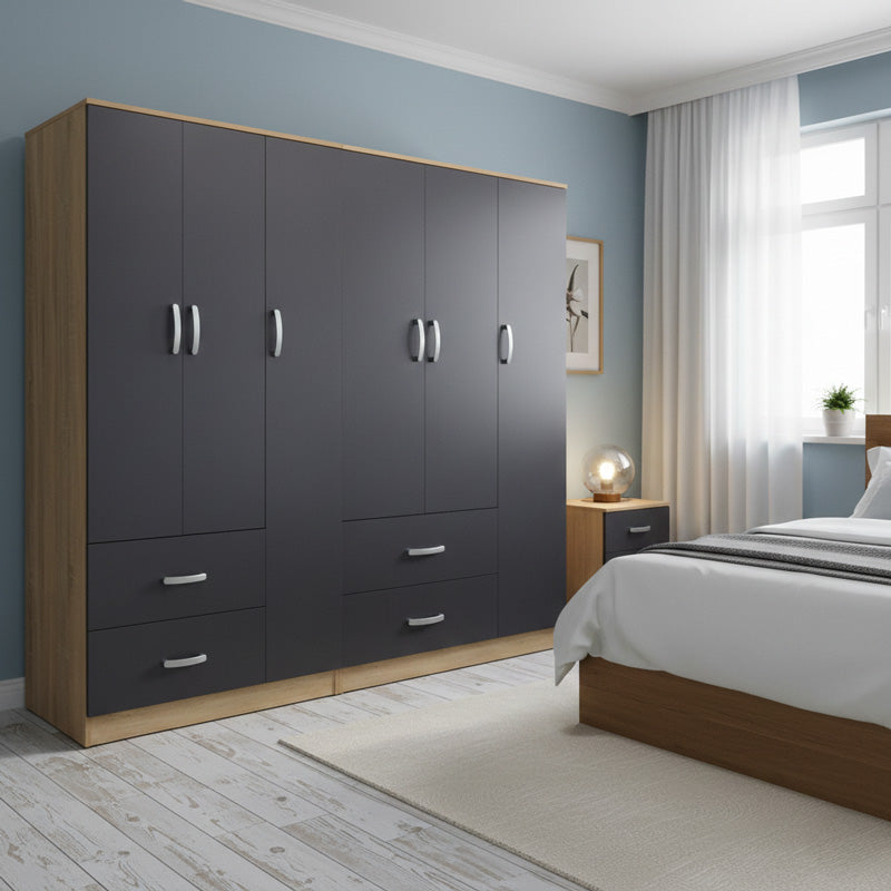 Ντουλάπα εξάφυλλη Athos  sonoma-ανθρακί 180x42x180εκ - Pakobazaar