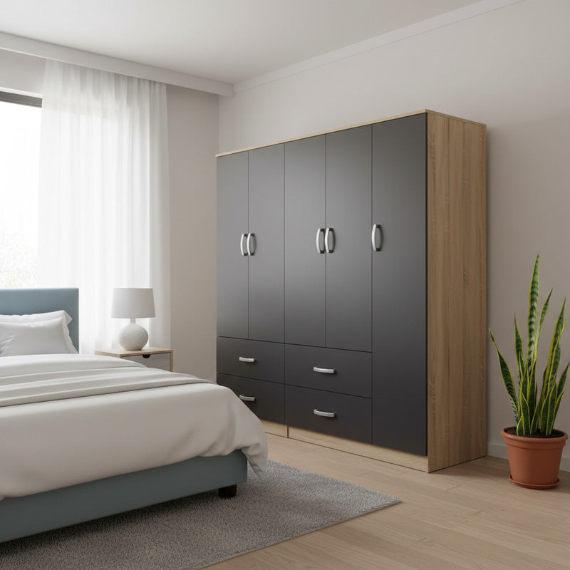 Ντουλάπα πεντάφυλλη Athos  sonoma-ανθρακί 170x42x180εκ - Pakobazaar