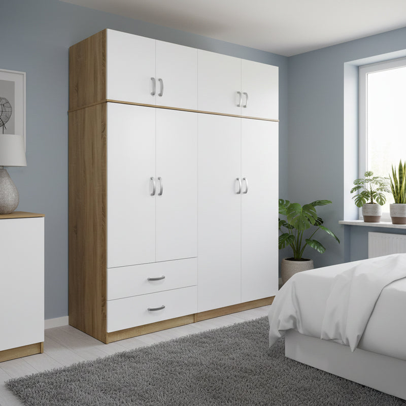Ντουλάπα τετράφυλλη με πατάρι Athos  sonoma-λευκή 160x42x240εκ - Pakobazaar