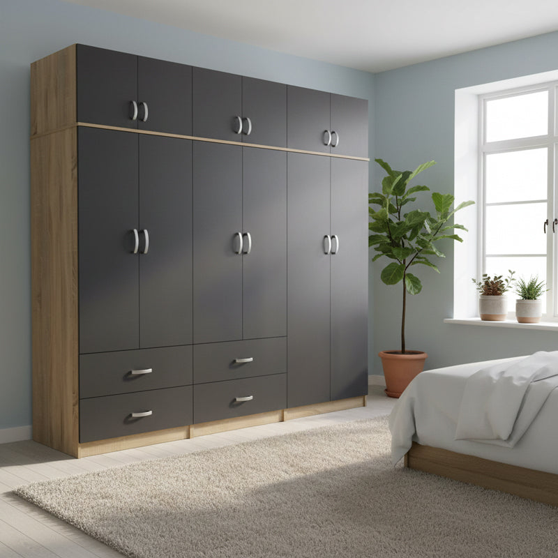 Ντουλάπα εξάφυλλη με πατάρι Athos  sonoma-ανθρακί 240x42x240εκ - Pakobazaar