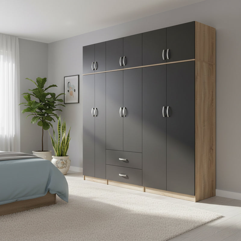 Ντουλάπα εξάφυλλη με πατάρι Athos I  sonoma-ανθρακί 240x42x240εκ