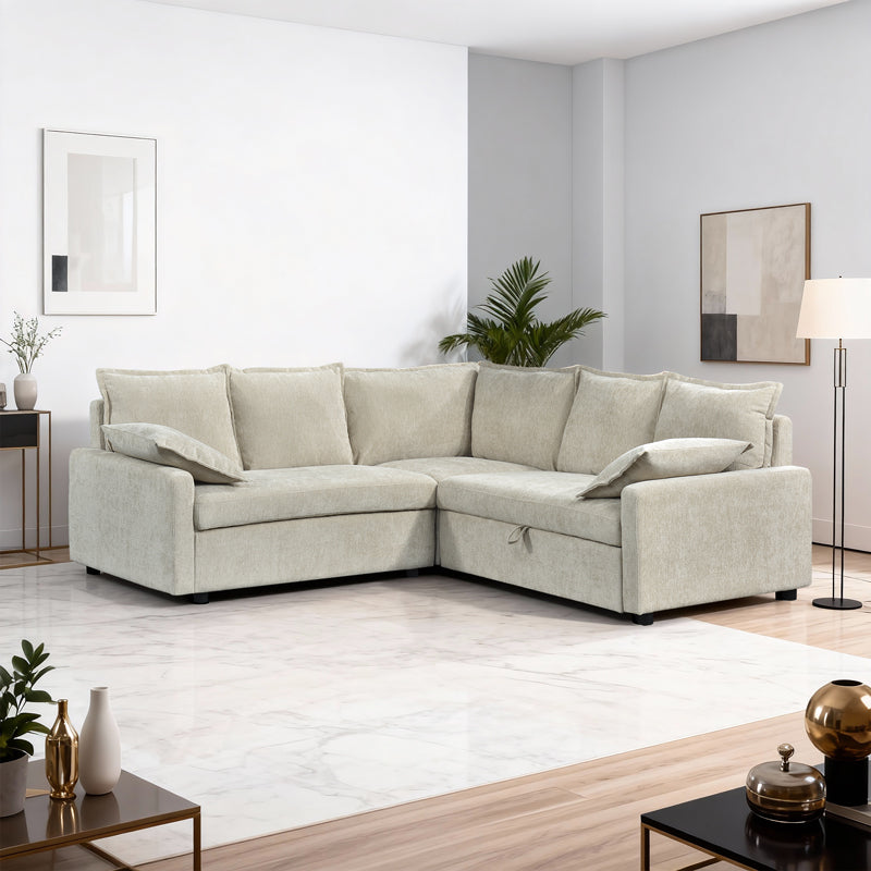 Γωνιακός καναπές κρεβάτι Lounivo  ύφασμα μπεζ 215x215x84εκ - Pakobazaar