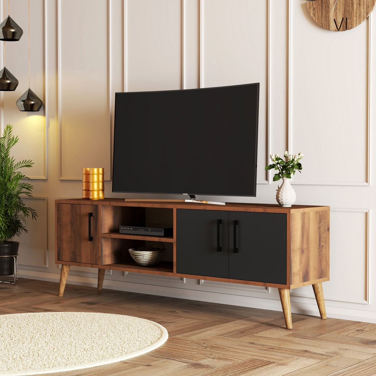 Έπιπλο Τηλεόρασης Thirasia Καρυδί - Ανθρακί 150x34x52 εκ. Μελαμίνης