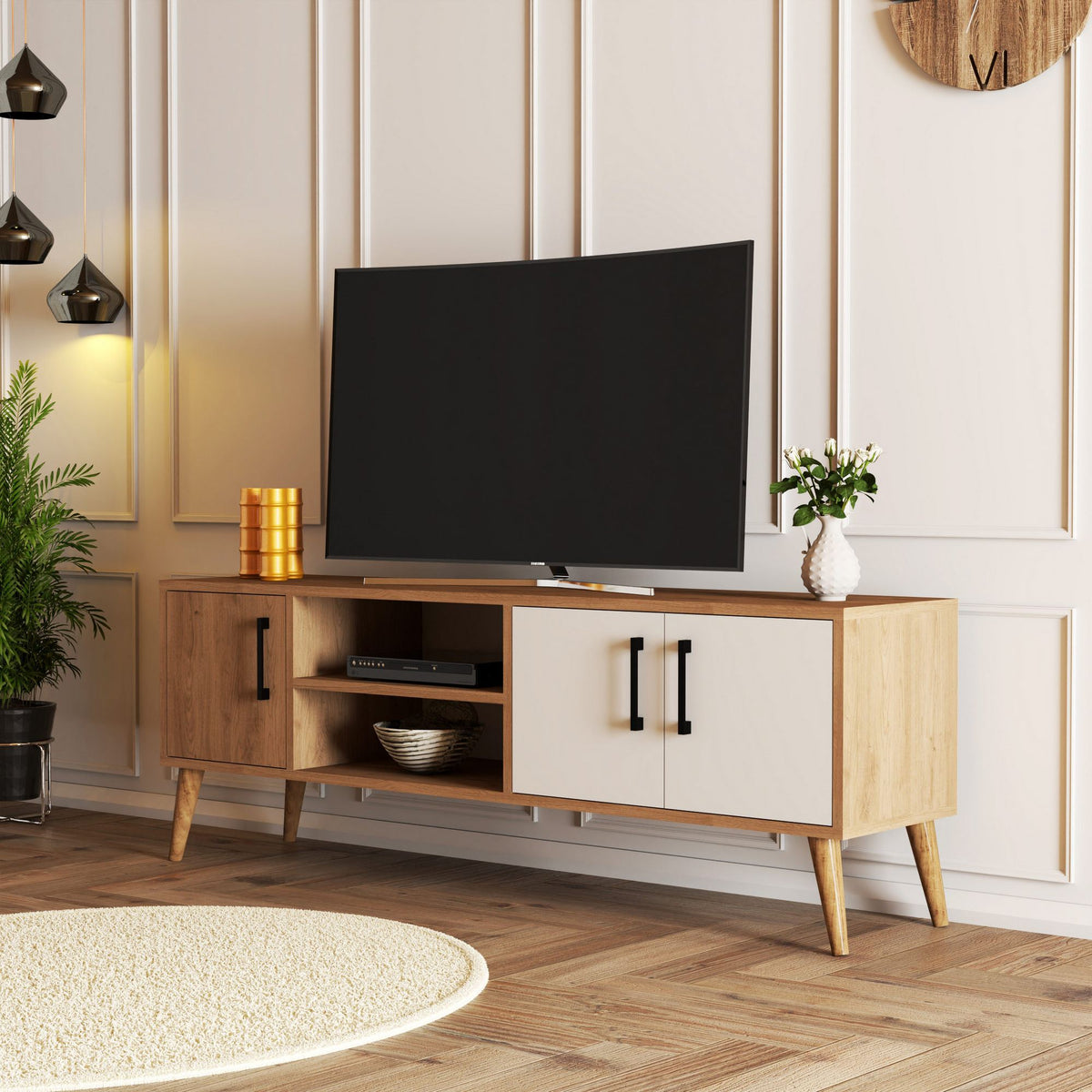 Έπιπλο Τηλεόρασης Thirasia Δρυς - Λευκό 150x34x52 εκ. Μελαμίνης