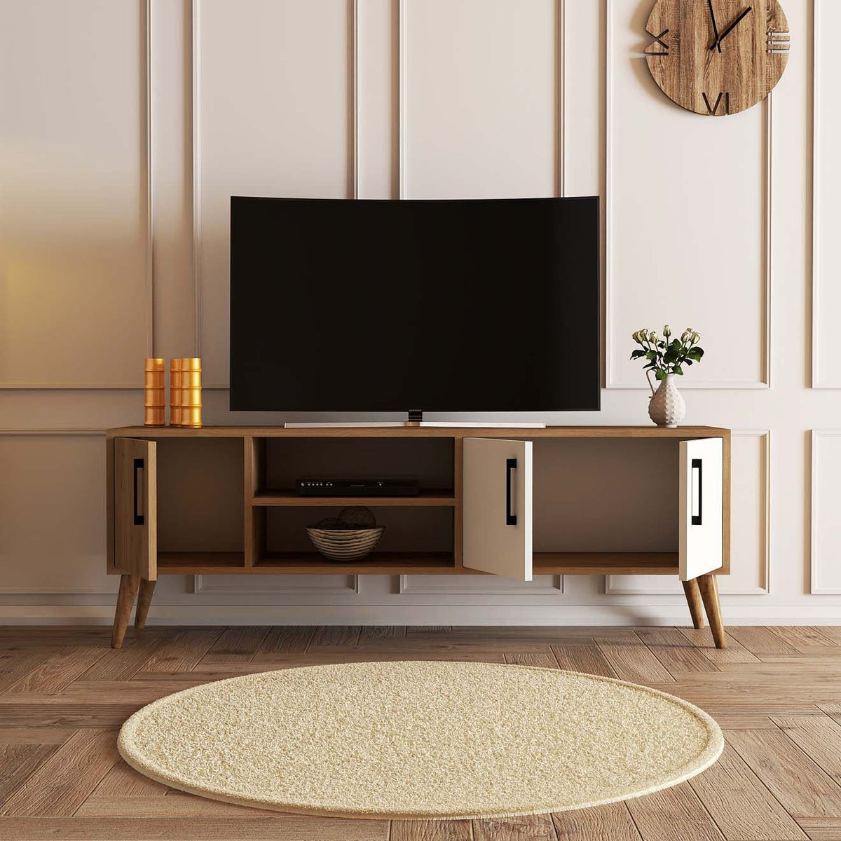 Έπιπλο Τηλεόρασης Thirasia Δρυς - Λευκό 150x34x52 εκ. Μελαμίνης