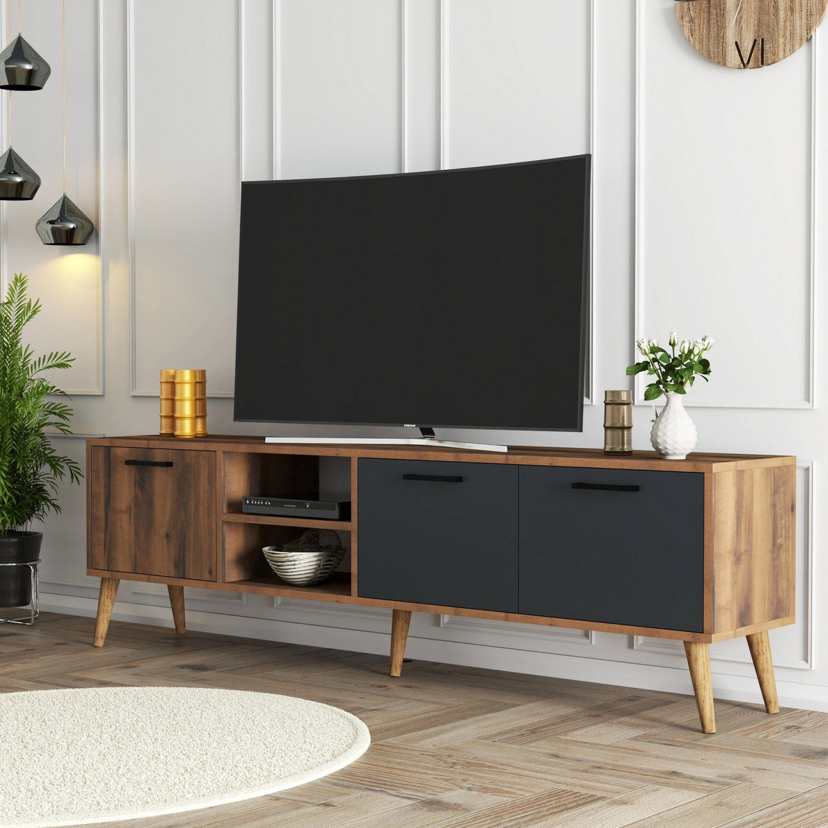 Έπιπλο Τηλεόρασης Thirasia Καρυδί - Ανθρακί 180x35x53 εκ. Μελαμίνης