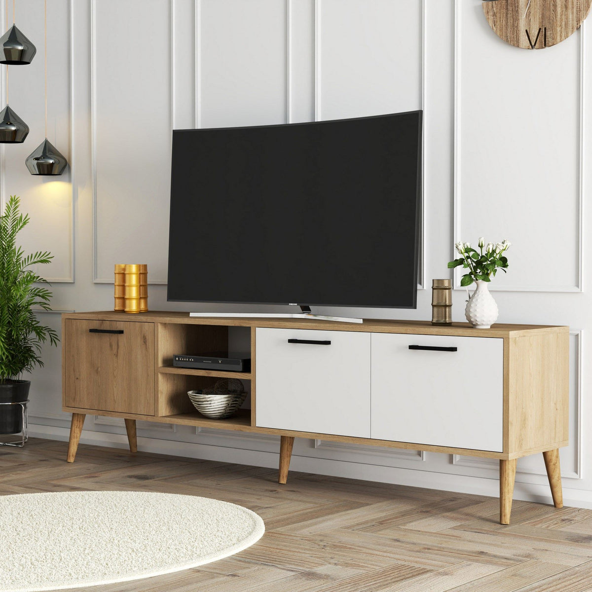 Έπιπλο Τηλεόρασης Thirasia Δρυς - Λευκό 180x35x53 εκ. Μελαμίνης