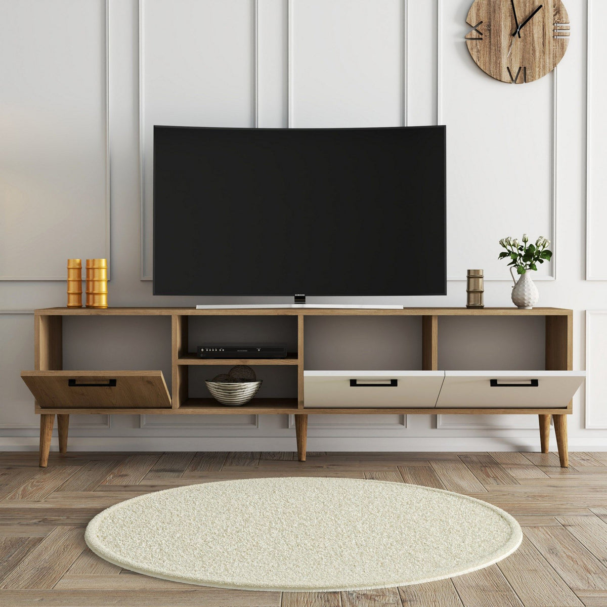Έπιπλο Τηλεόρασης Thirasia Δρυς - Λευκό 180x35x53 εκ. Μελαμίνης