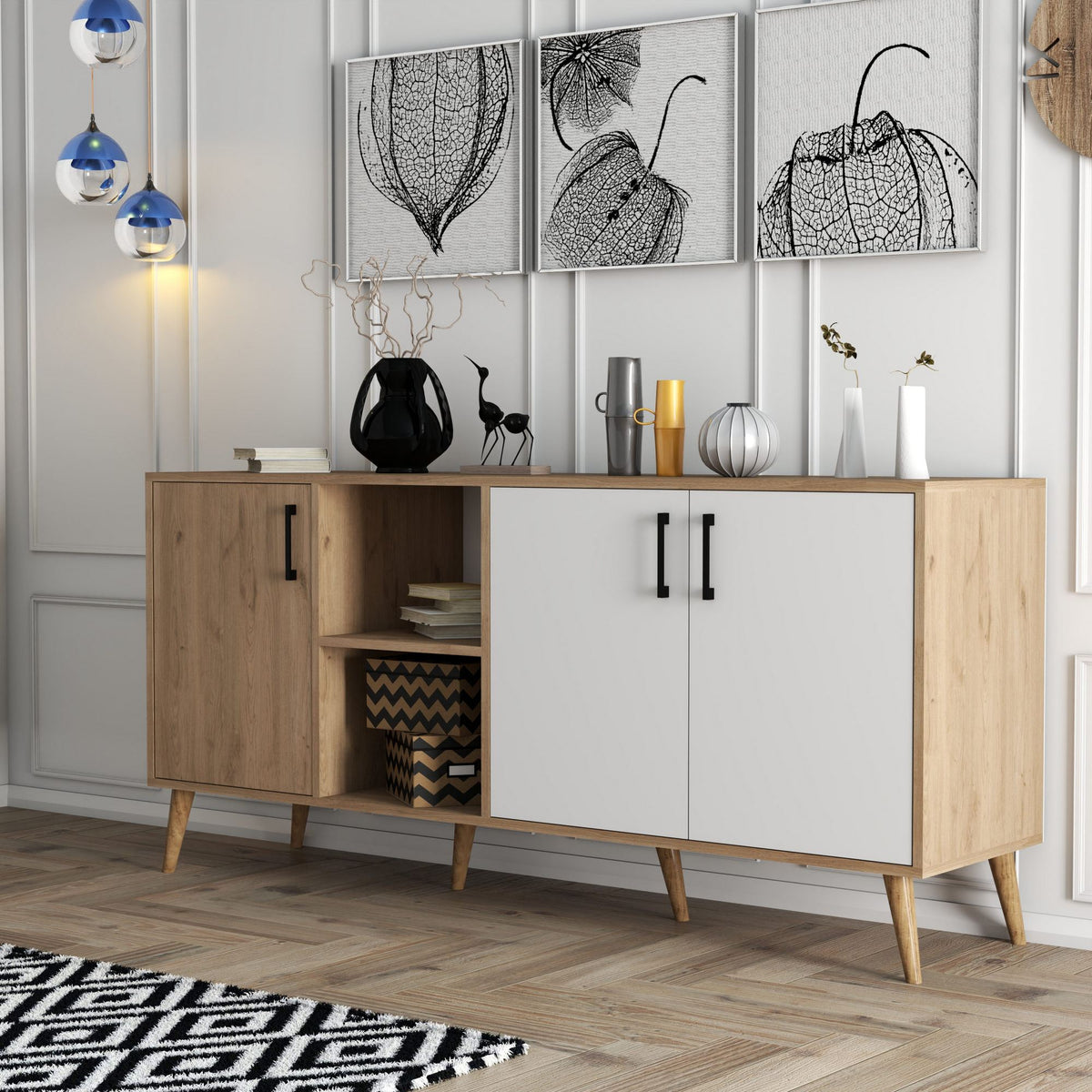 Κονσόλα Thirasia Με Ράφια Δρυς - Λευκό 180x45x80 εκ. Μελαμίνης