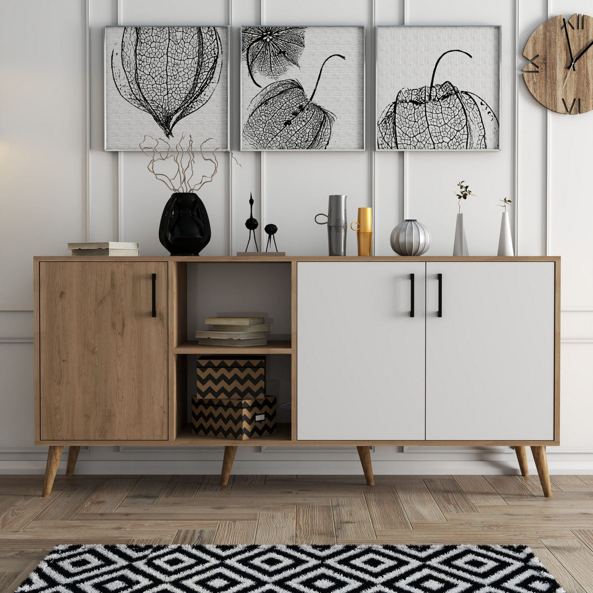 Κονσόλα Thirasia Με Ράφια Δρυς - Λευκό 180x45x80 εκ. Μελαμίνης
