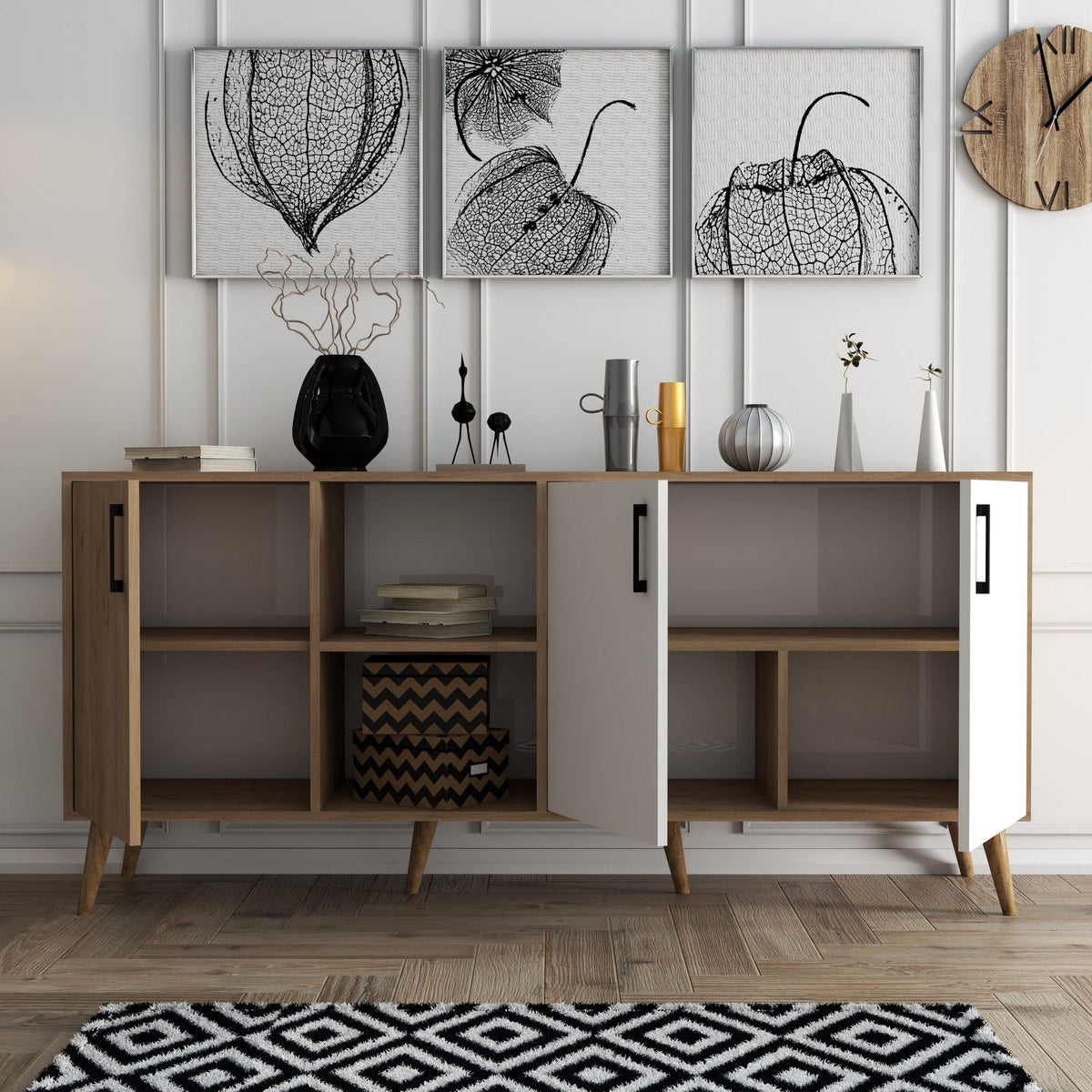 Κονσόλα Thirasia Με Ράφια Δρυς - Λευκό 180x45x80 εκ. Μελαμίνης