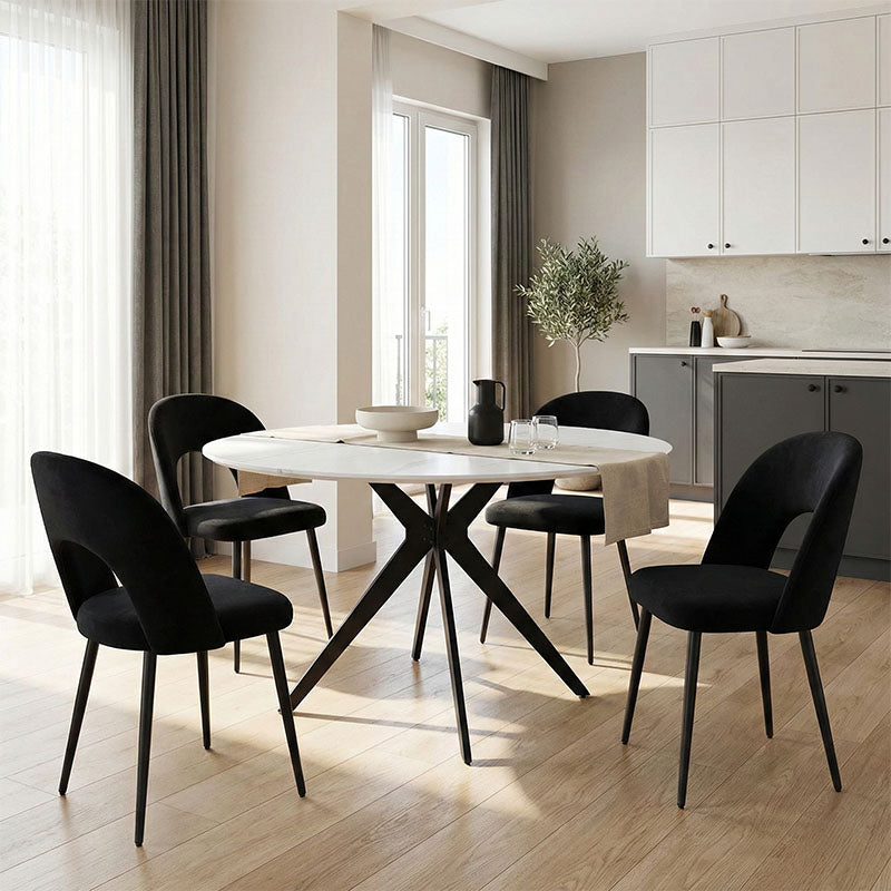 Τραπέζι Orbital  sintered stone λευκή όψη μαρμάρου με μαύρα μεταλλικά πόδια Φ120x76εκ