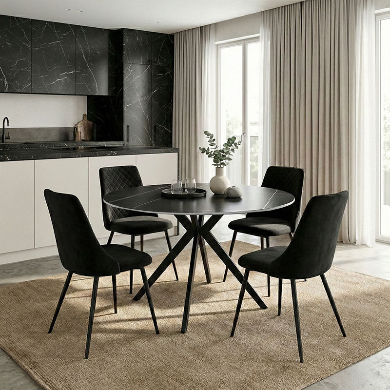 Τραπέζι Orbital  sintered stone μαύρη όψη μαρμάρου με μαύρα μεταλλικά πόδια Φ120x76εκ - Pakobazaar