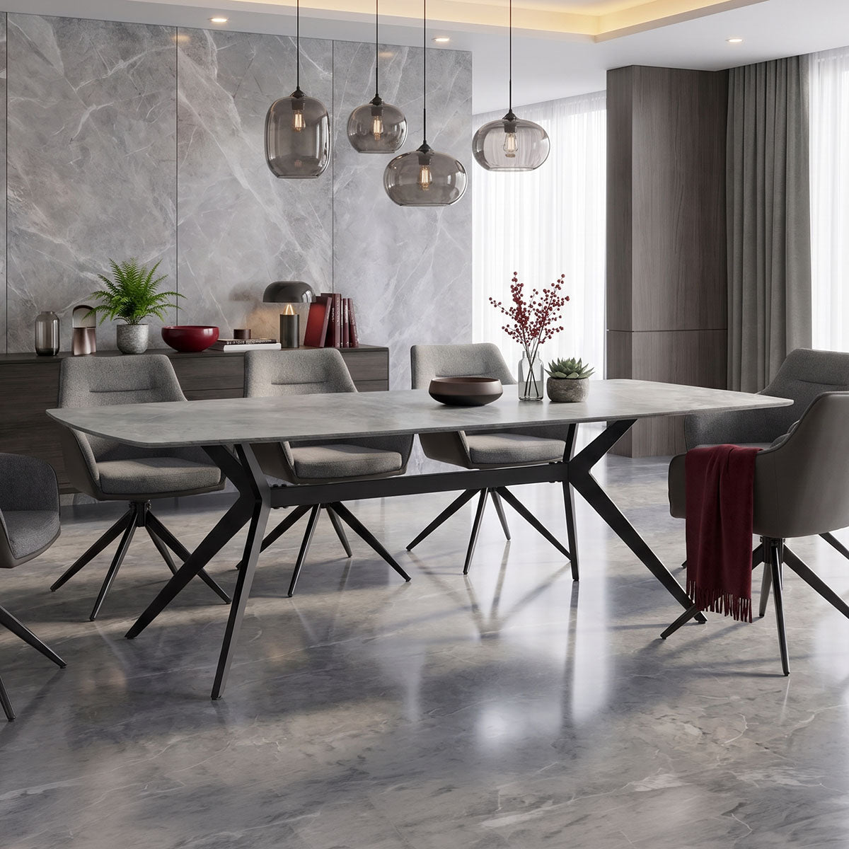 Τραπέζι Ezali  sintered stone γκρι όψη μαρμάρου με μαύρο μεταλλικό πόδι 180x90x75εκ - Pakobazaar