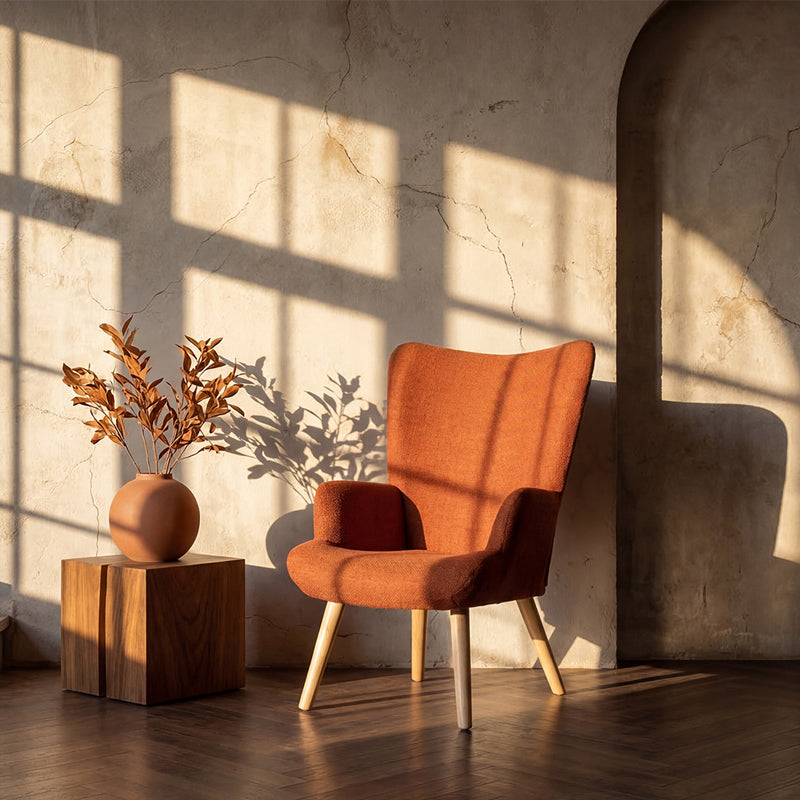 Πολυθρόνα-μπερζέρα Gerlina  terracotta ύφασμα με πόδι σε φυσική απόχρωση 71x64x94εκ