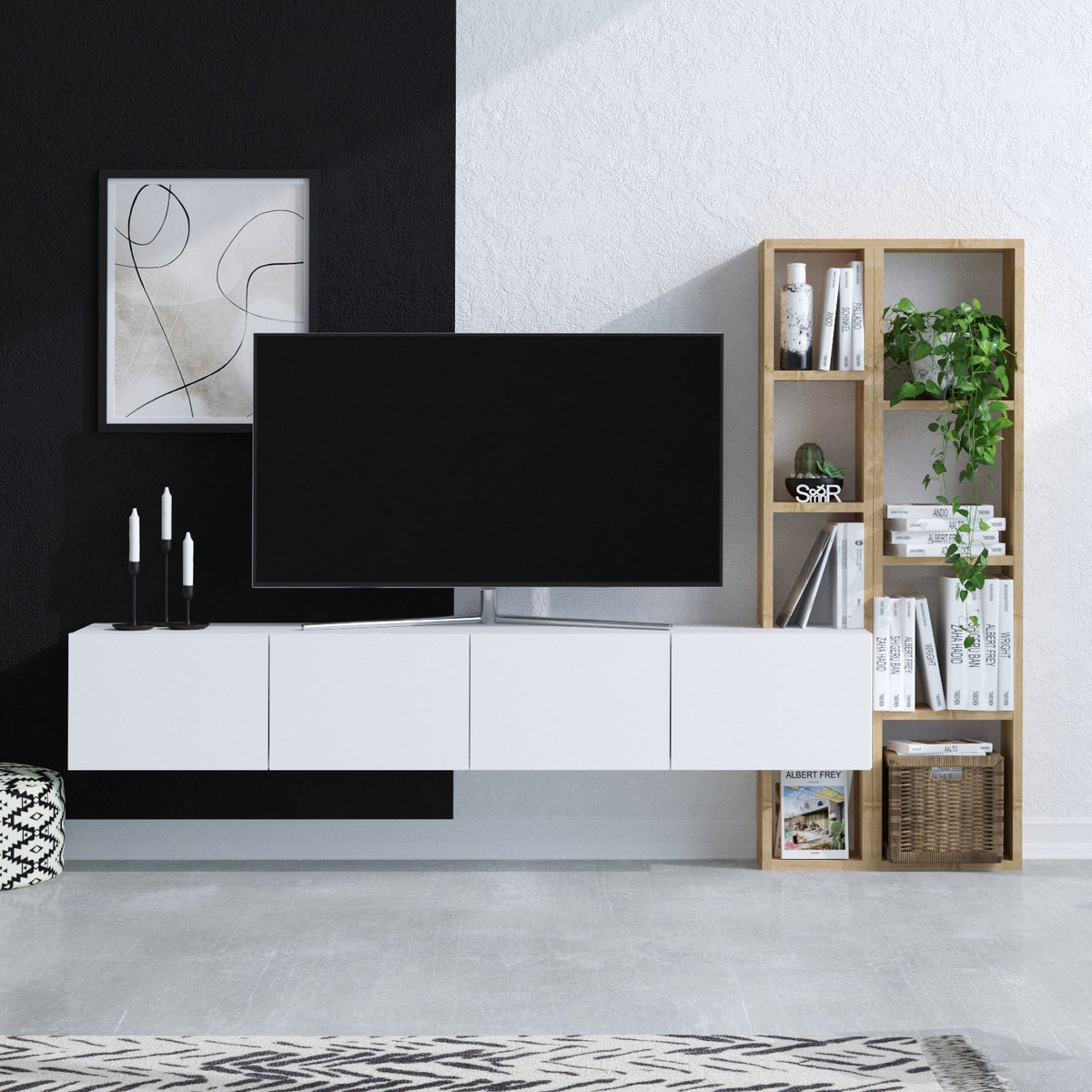 Σύνθεση Τηλεόρασης Alones Λευκό - Δρυς 182x32x25 εκ. Μελαμίνης
