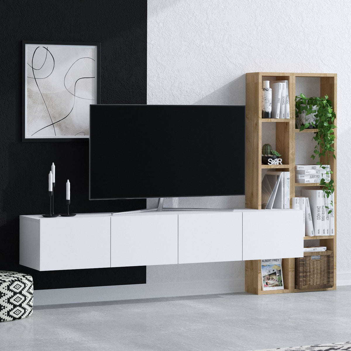 Σύνθεση Τηλεόρασης Alones Λευκό - Δρυς 182x32x25 εκ. Μελαμίνης