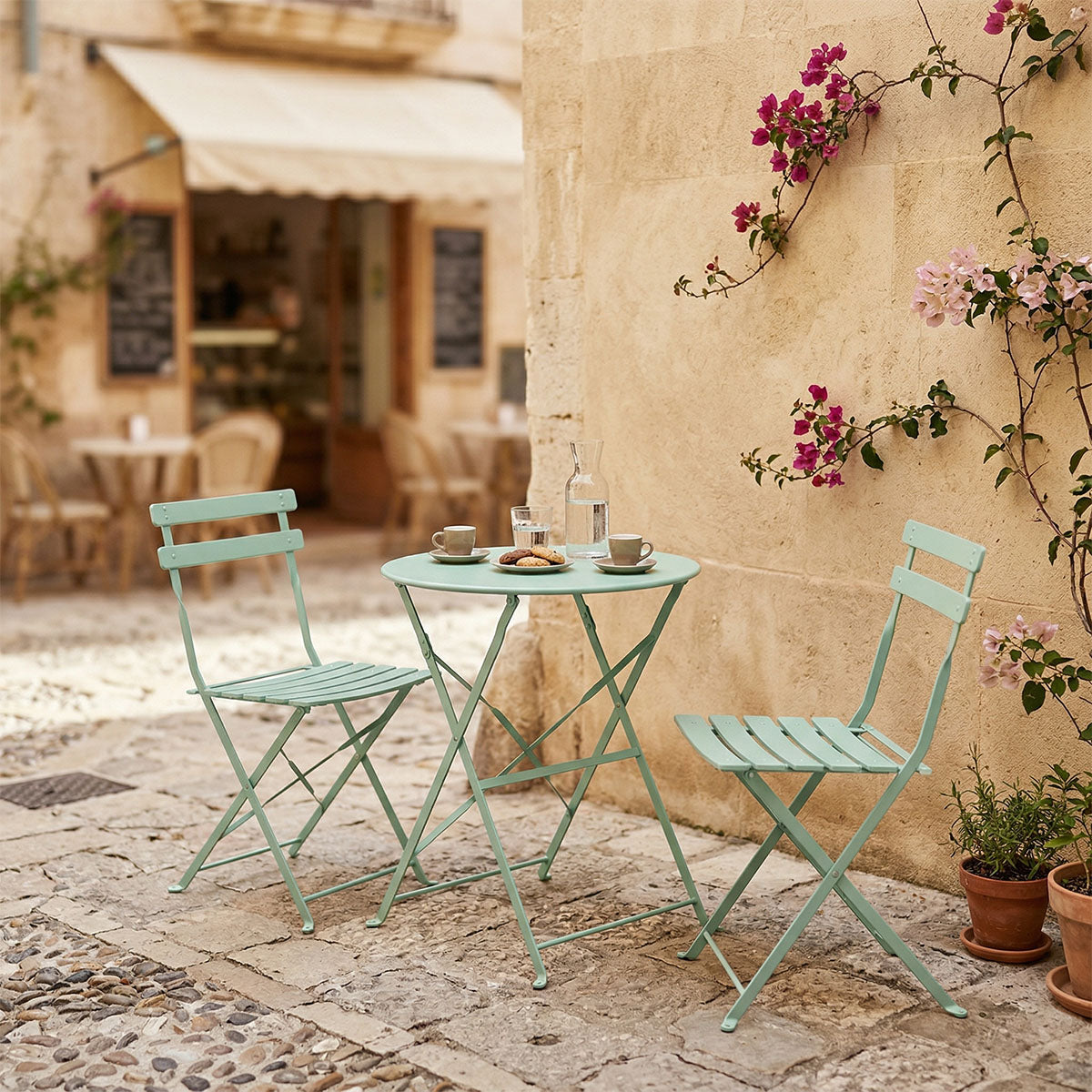 Τραπεζαρία Bistro  σετ 3τεμ μεταλλική αναδιπλούμενη σε μέντα απόχρωση Φ60x71εκ - Pakobazaar