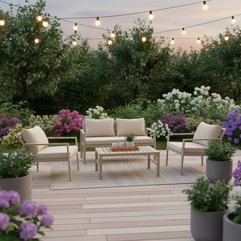 Σαλόνι Gardenly  σετ 4τμχ αλουμίνιο σε απόχρωση cappuccino με μπεζ μαξιλάρια - Pakobazaar