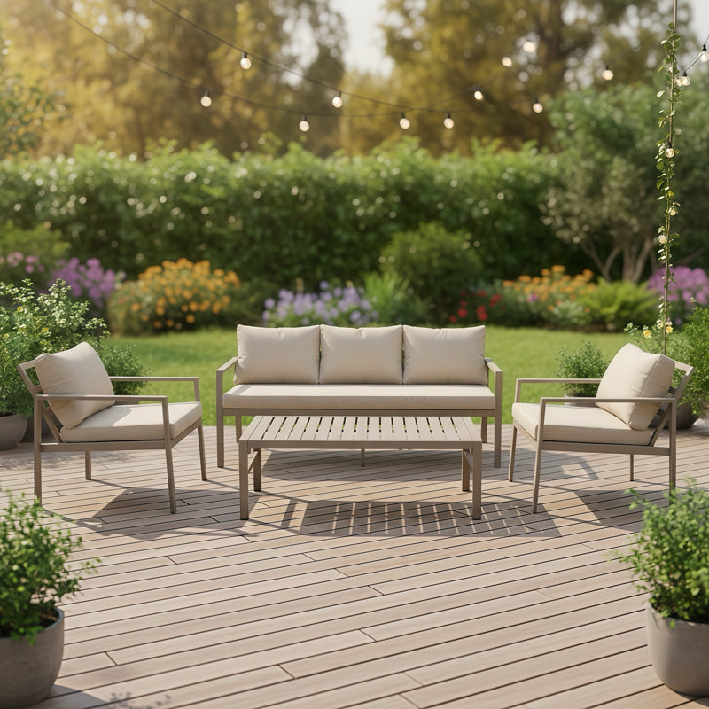 Σαλόνι Gardenly Ι  σετ 4τμχ αλουμίνιο σε απόχρωση cappuccino με γκρι-μπεζ μαξιλάρια - Pakobazaar