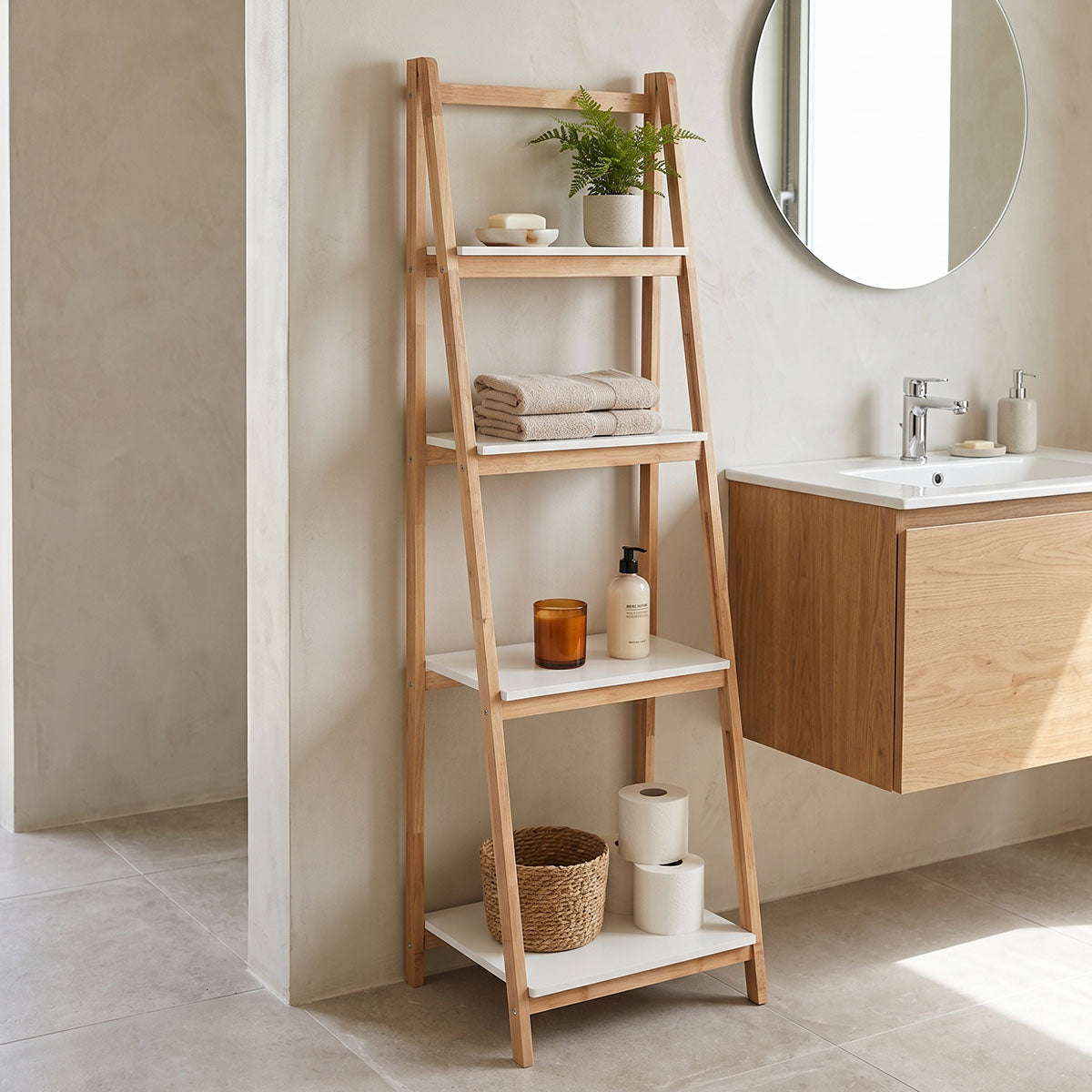 Ραφιέρα δαπέδου Benwen  πτυσσόμενη rubberwood-mdf σε λευκή-φυσική απόχρωση 42x34.5x140εκ - Pakobazaar