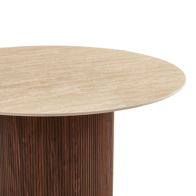 Τραπέζι Sikulu  mdf καρυδί - μπεζ όψη τραβερτίνας Φ125x77εκ - Pakobazaar