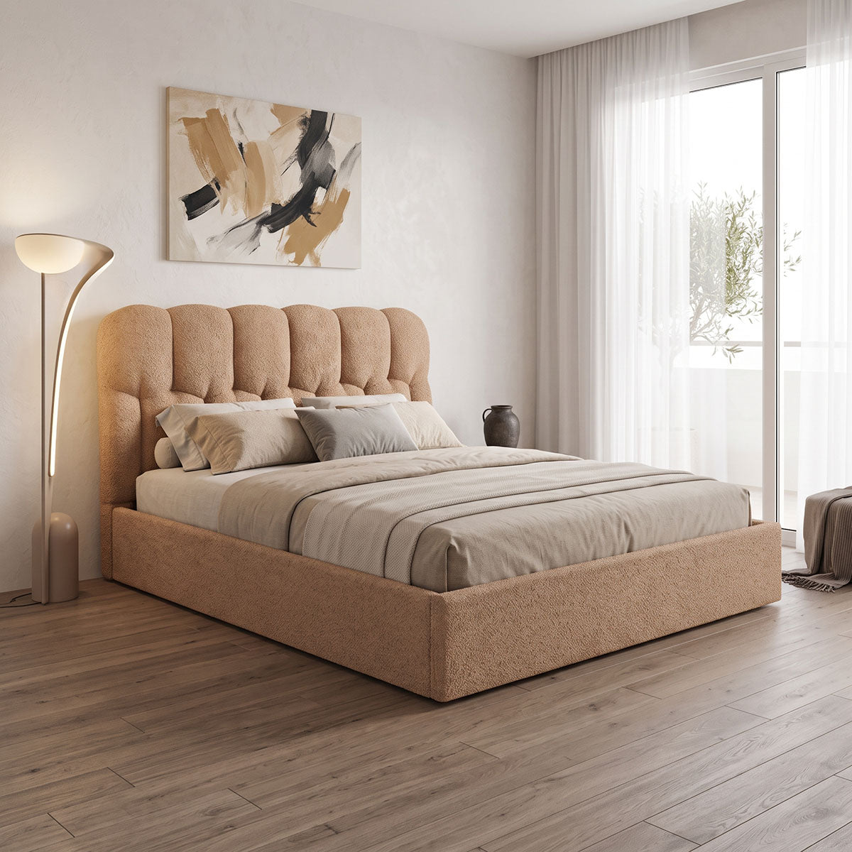Κρεβάτι διπλό Sectra  terracotta μπουκλέ ύφασμα 160x200εκ - Pakobazaar