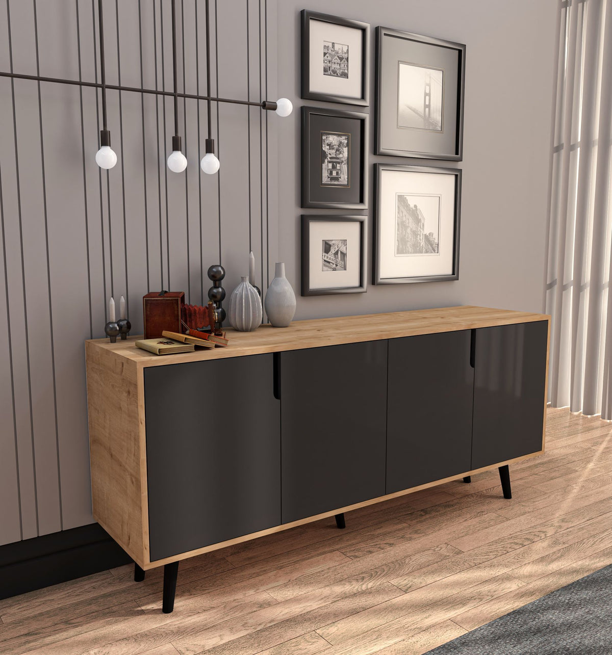 Κονσόλα Agistri Με Ράφια Δρυς Sapphire - Ανθρακί 180x45x80 εκ. Μελαμίνης