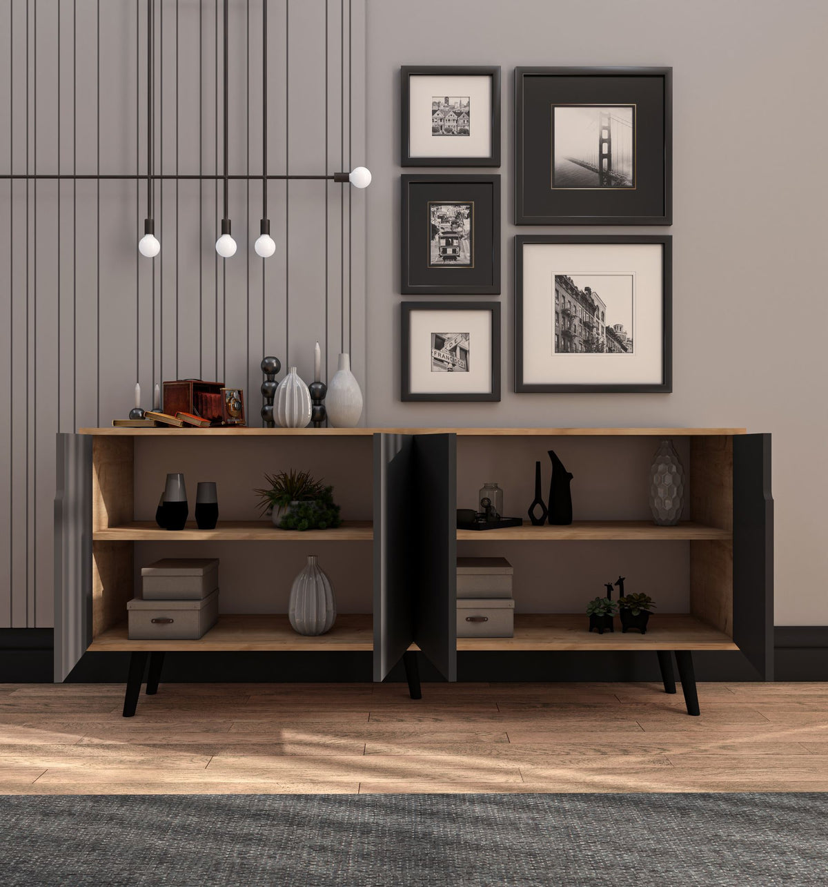 Κονσόλα Agistri Με Ράφια Δρυς Sapphire - Ανθρακί 180x45x80 εκ. Μελαμίνης