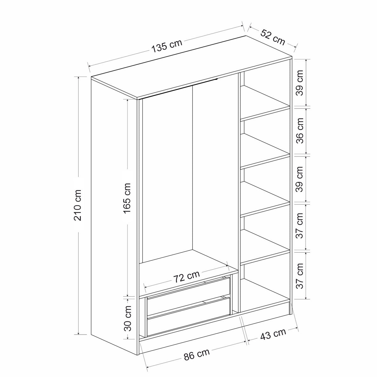 Ντουλάπα Ithaki Ανθρακί - Μαύρο 135x52x210 εκ. Μελαμίνης