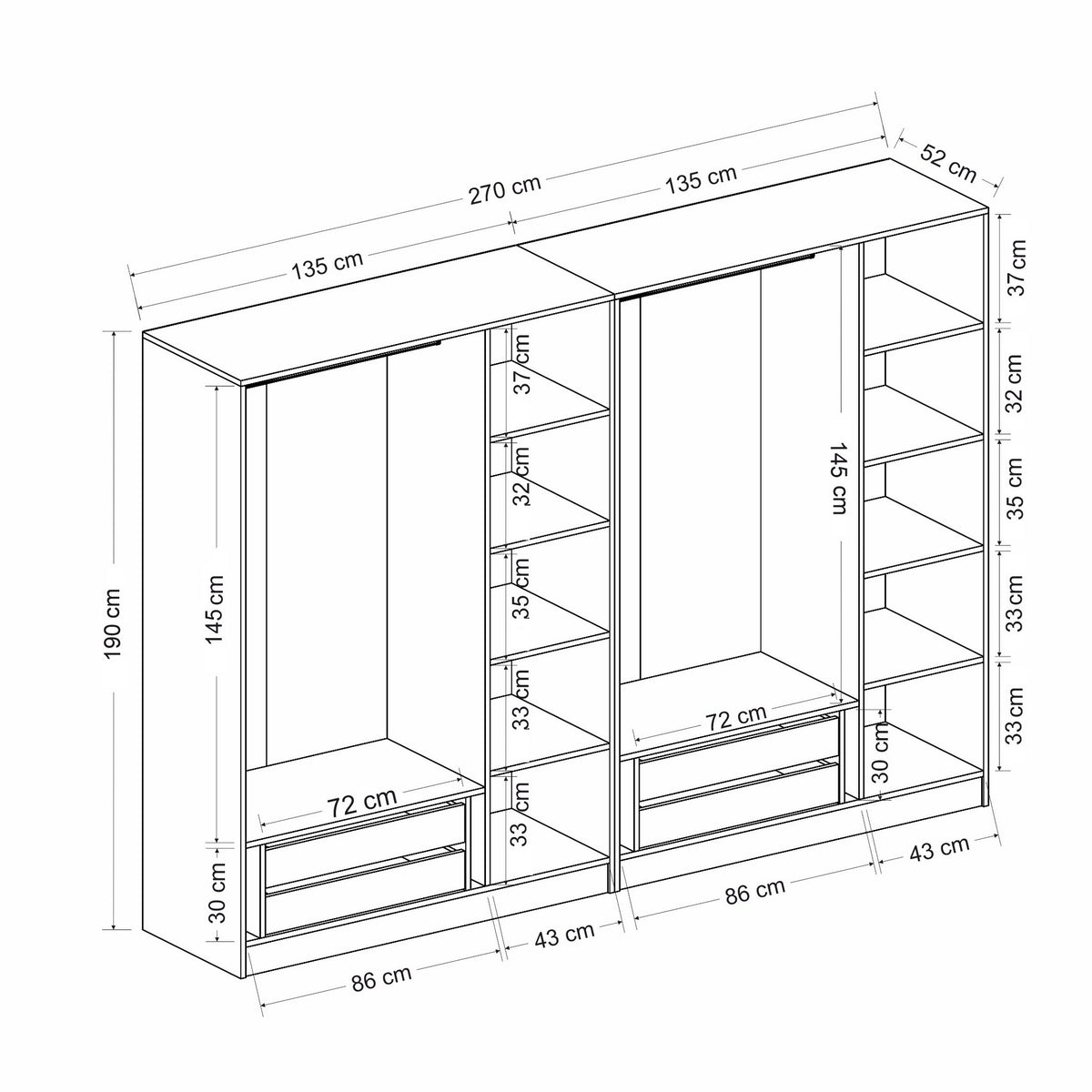 Ντουλάπα Ithaki Λευκό - Μαύρο 270x52x190 εκ. Μελαμίνης