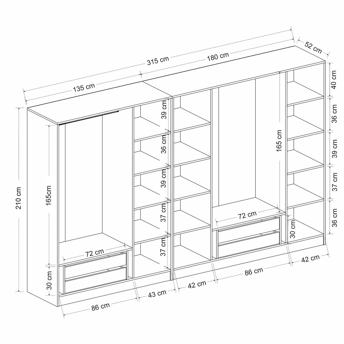 Ντουλάπα Ithaki Ανθρακί 315x52x210 εκ. Μελαμίνης Κωδ. 3117