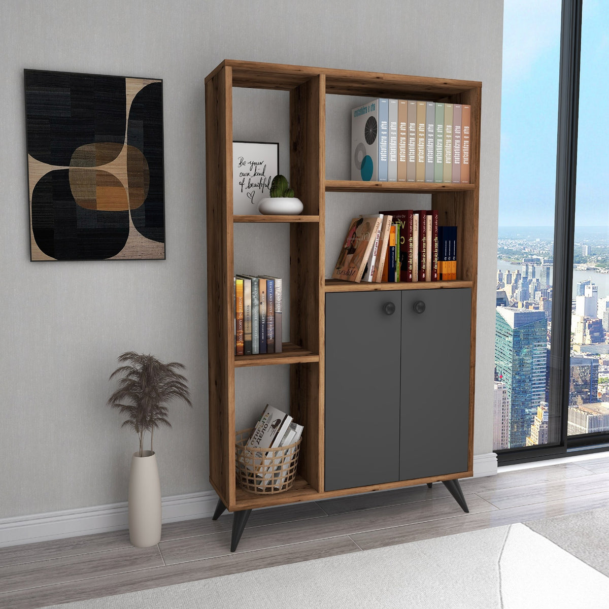 Βιβλιοθήκη Mylikouri Ανοιχτό Καρυδί - Ανθρακί 80x25x135.6 εκ. Μελαμίνης