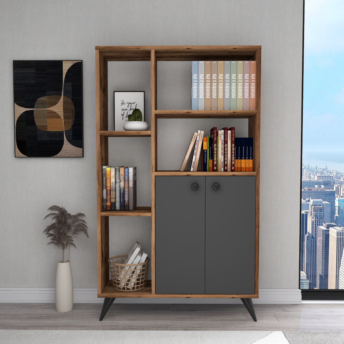 Βιβλιοθήκη Mylikouri Ανοιχτό Καρυδί - Ανθρακί 80x25x135.6 εκ. Μελαμίνης