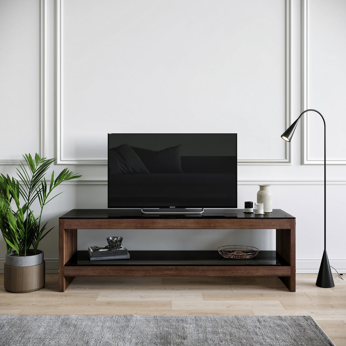 Έπιπλο Τηλεόρασης Konnos Γυάλινο Καρυδί 140x40x45 εκ. Μασίφ Ξύλου
