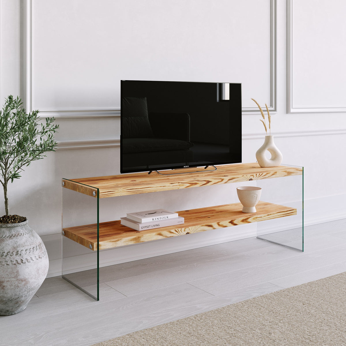 Έπιπλο Τηλεόρασης Pefkofyto Δρυς 120x35x45 εκ. Μασίφ Ξύλου