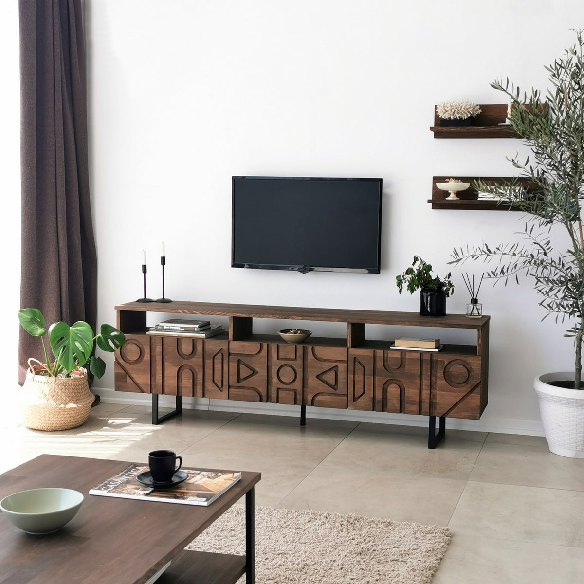 Σύνθεση Τηλεόρασης Rodochori Καρυδί 170x30x40 εκ. Μασίφ Ξύλου