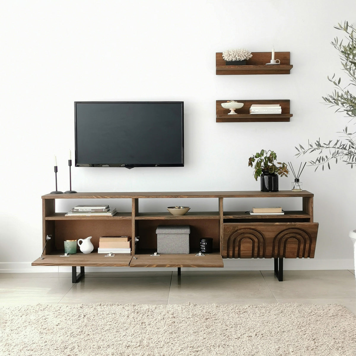 Σύνθεση Τηλεόρασης Nippos Καρυδί 170x30x40 εκ. Μασίφ Ξύλου