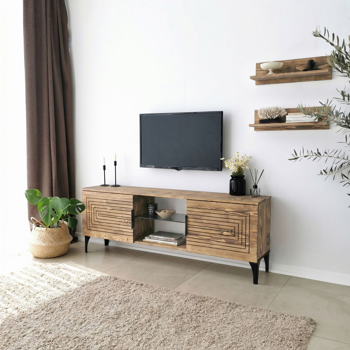 Σύνθεση Τηλεόρασης Pteri Δρυς 150x30x40 εκ. Μασίφ Ξύλου - Pakobazaar