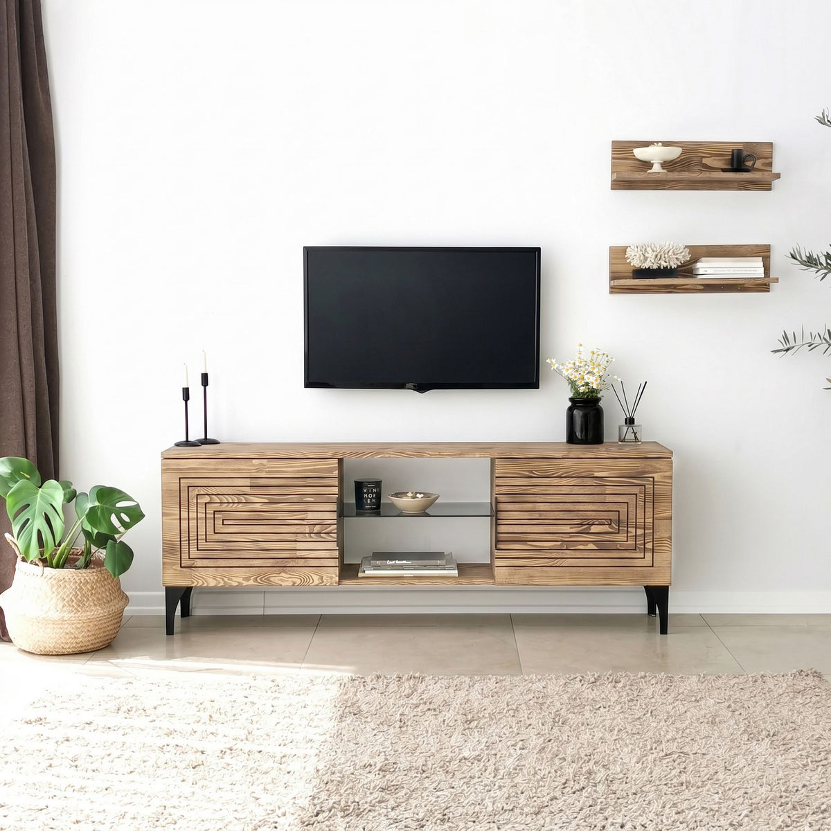 Σύνθεση Τηλεόρασης Pteri Δρυς 150x30x40 εκ. Μασίφ Ξύλου - Pakobazaar