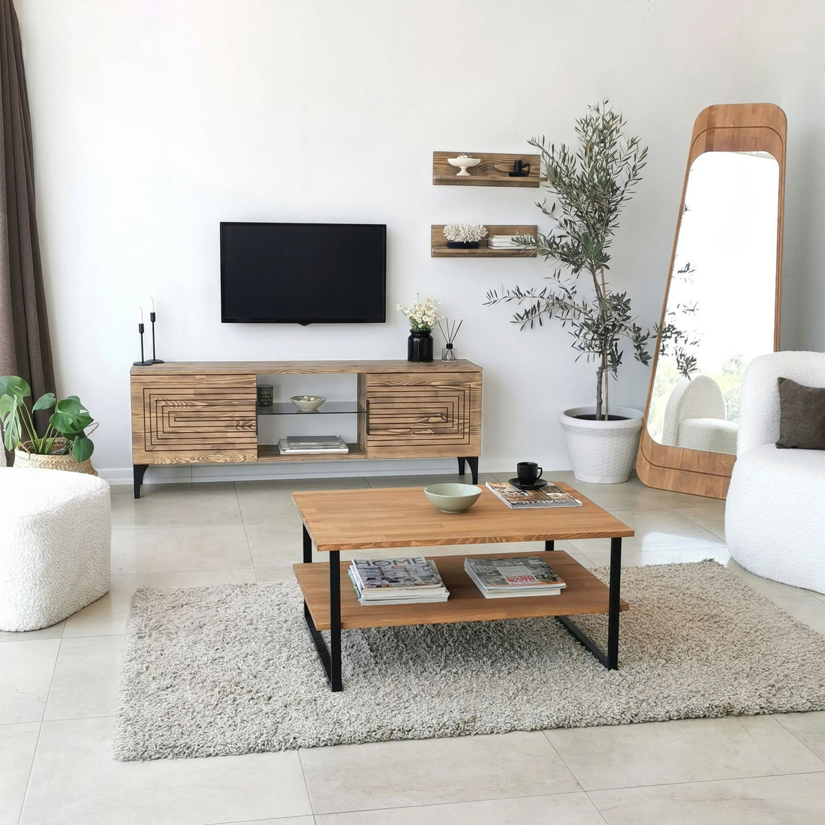 Σύνθεση Τηλεόρασης Pteri Δρυς 150x30x40 εκ. Μασίφ Ξύλου - Pakobazaar