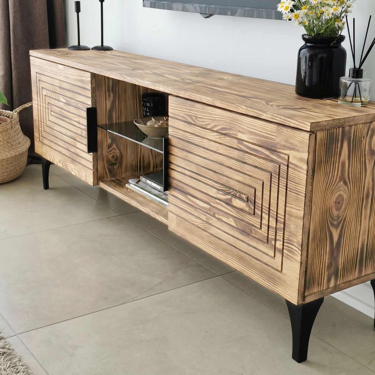 Σύνθεση Τηλεόρασης Pteri Δρυς 150x30x40 εκ. Μασίφ Ξύλου - Pakobazaar